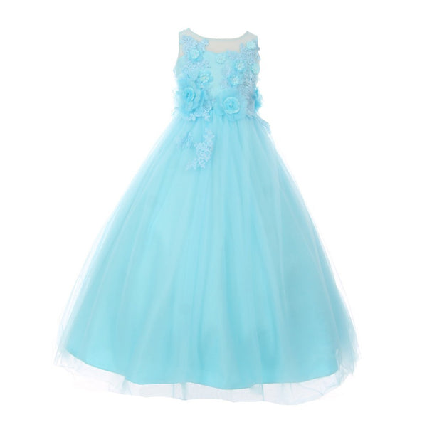 Big Girls Aqua 3D Flower Adorned Tulle Illusion Junior Bridesmaid Dress 8-16 - SophiasStyle.com
